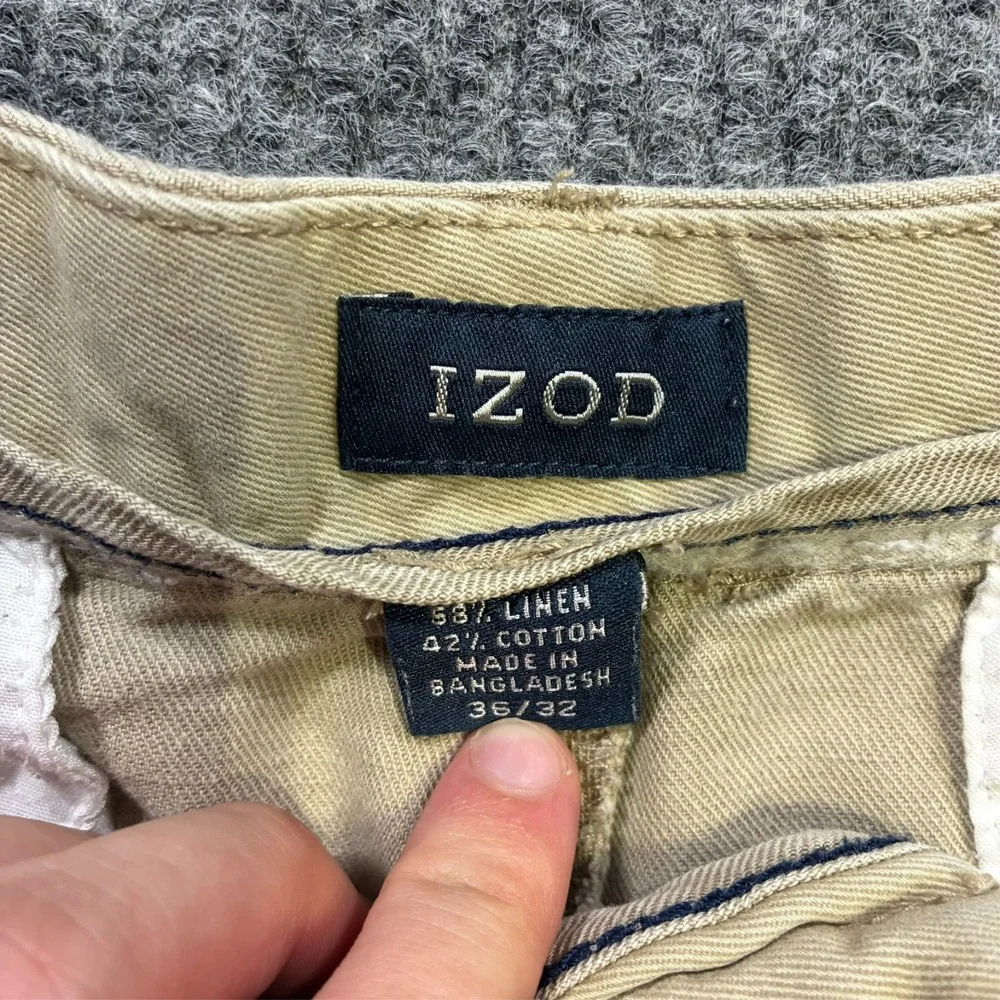 IZOD Mens Chino Pants Size 36x32 Beige Cotton Linen Flat Front High Rise